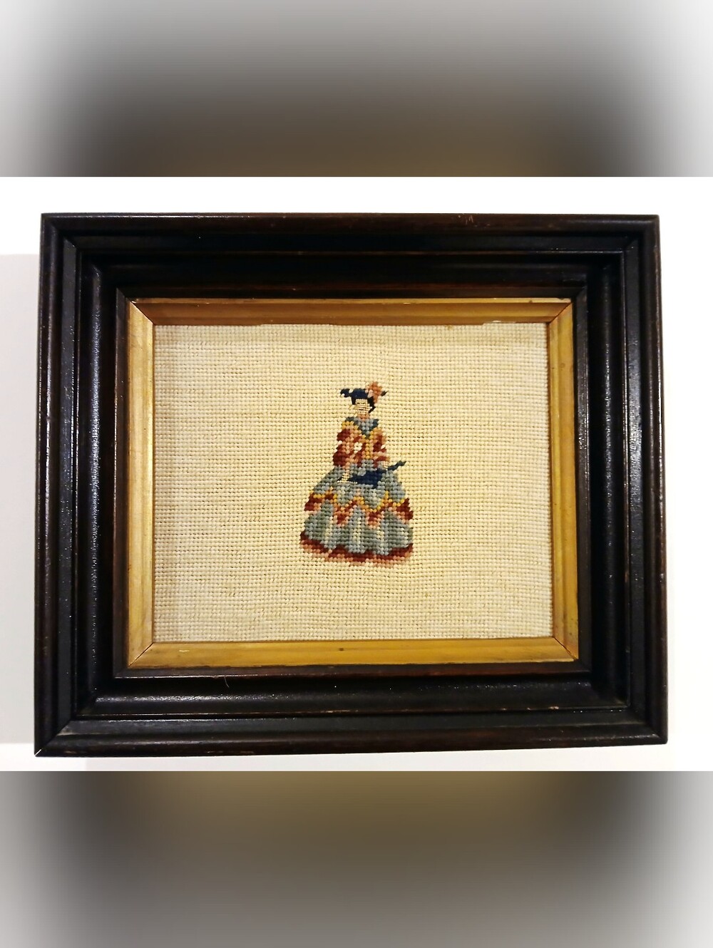 Framed Vintage Needlepoint Lady in Blue and Gold